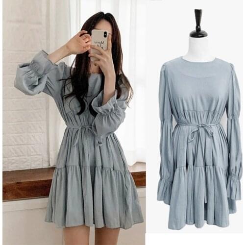 Spring and autumn sweet little fresh lotus leaf lace waist fold dress temperament female Flare Sleeve Vintage