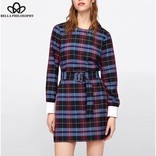 Bella Philosophy Spring Long Sleeve Plaid Holiday Dress Sashes Female A-Line Dress Casual Retro Lady Dress Vestidos 2019