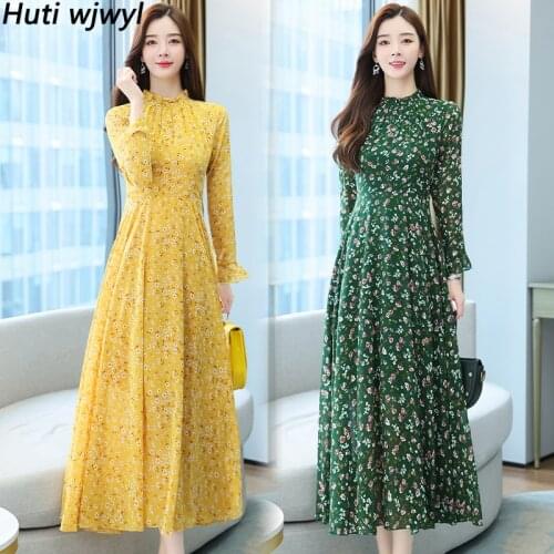 Autumn Winter Vintage Floral Midi Dresses Casual Chiffon Boho Beach Maxi Dress 2021 Women Party Bodycon Elegant Evening Vestidos