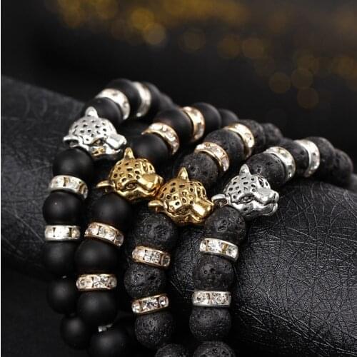 Golden Leopard Head Matte Onyx Bangle Mens Fashion Volcanic Stone Natural Silver Plated Buddha Heads Bracelet