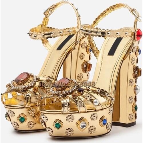 Gold Luxury Gems Pearls Sandals Crystal Woman Extremely High Chunky Heels Buckle Strap Embroidery Shoes Woman Banquet Shoes