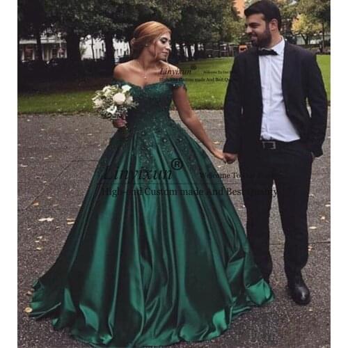2020 Dark Green Ball Gown Cheap Prom Dresses Long Off The Shoulder Lace Appliques Beading Formal Party Wear Girls Pageant Dress