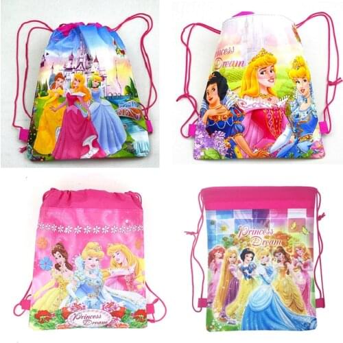 8/16/24/32 pcs/lot Disney Six Princess Theme Birthday Party Non-woven Fabric Drawstring Bags High Quality Storage Bag School Bag