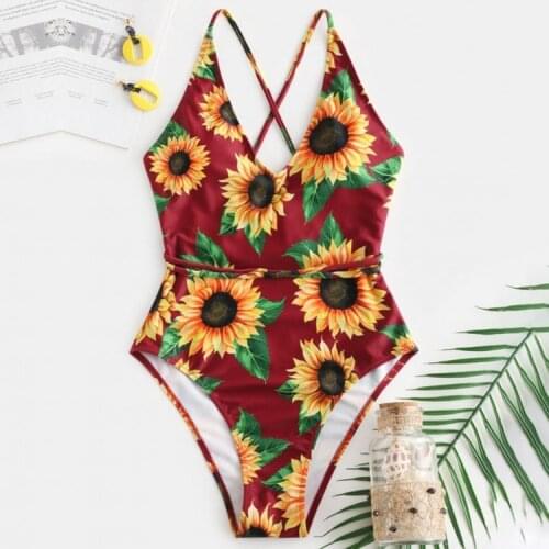 Sunflower Print One Piece Swimsuit 2020 Women Deep V Neck High Cut Lace Up Bandage Swimwear Sexy Brazilian Bathing Suit Monokini