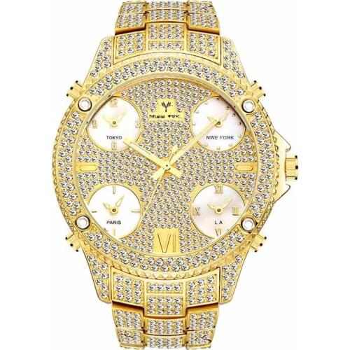 MISSFOX 51MM Oversized Big Dial Luxury Watch Men Diamond Accented Case With 5 Quartz Movt Analog Male Gold Business Wrist Watch