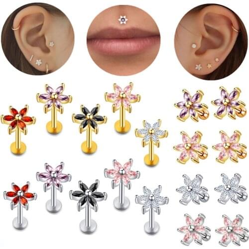 Surgical Steel Crystal Flower Tragus Piercing Earring 16GZircon Lip Piercing Labret Stud Cartilage Piercing Conch Smal Ear Stud