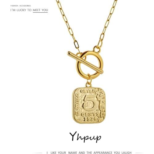 Yhpup Statement Square Digital 5 Chain Pendant Necklace Fashion Golden Copper Choker Collares New Design Necklace Jewelry 2021