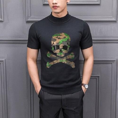 Mens Sweater Autumn And Winter Design Knitted Fabric T-Shirt Slim Fit Warm Tops Hot Diamond Shiny Wool