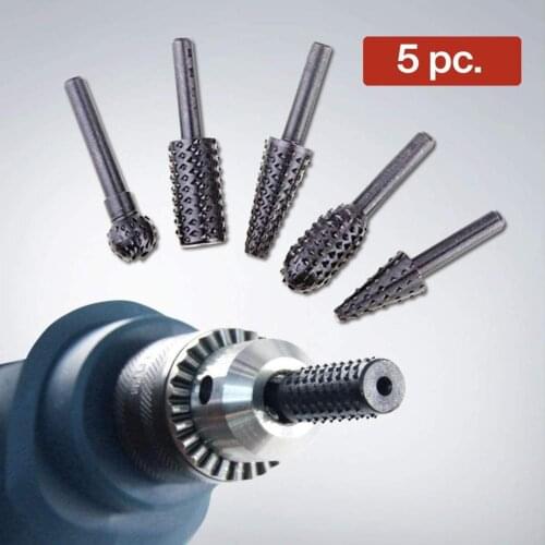 BTgeuse 5 Piece Set of Heavy Duty and Durable 1/4 Inch 6.3MM Shank Woodworking Rotary Rasp File Burr Set