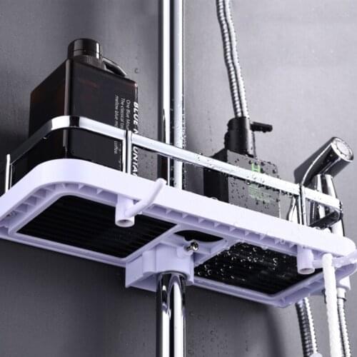 New Shower Storage Rack Bathroom Shelf Pole Shelves Shampoo Tray Stand Single Tier No Drilling Lifting Rod Shower Head Holder