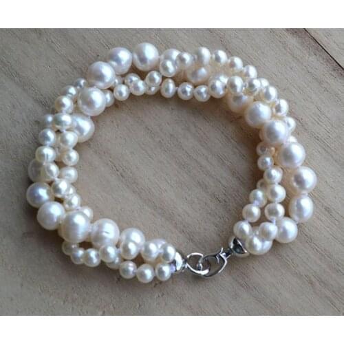 New Arrival Favorite Real Pearl Bracelet White 3Rows 4-9mm Genuine Freshwater Pearls Fine Jewelry Charming Lady Gift