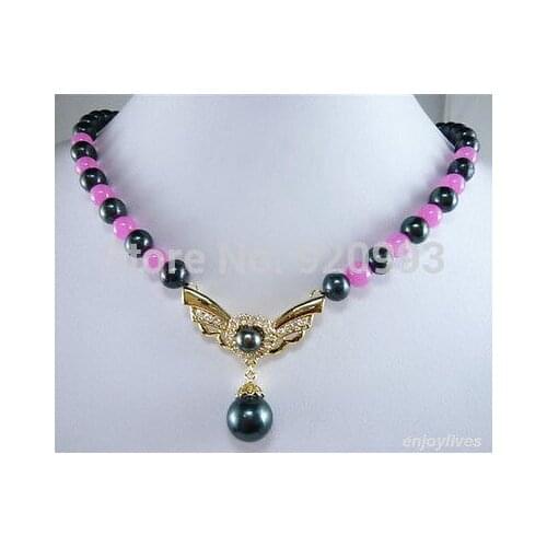 Wholesale&FREE P&P***8 mm Black Shell Pearl Pink jade Gold Plated Crystal Eagle Pendant Necklace ##a #a