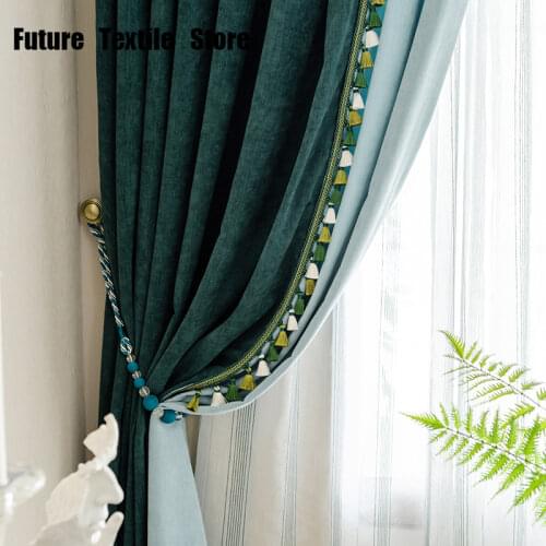 American Light Luxury Retro Chenille Color Matching Tassel Shading Blackout Curtains for Living Room Bedroom Teal Curtain
