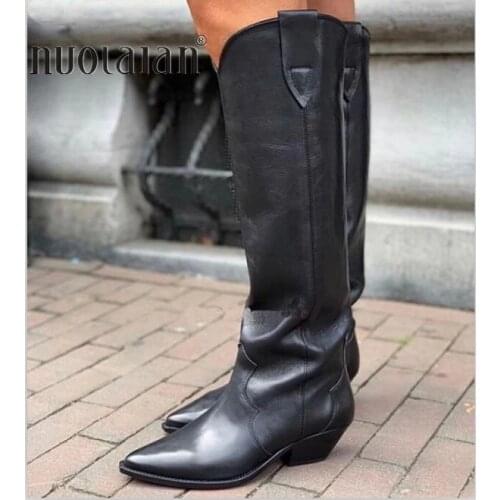 2020 Western boots black Leather knee high boots for women pointed toe winter long boots women chunky heels cowboy knight boots