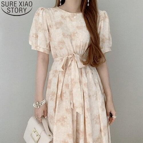 Chic Puff Short Sleeve Dress Women Midi Long Dress Summer 2021 New High Waist Belt Floral Print Dresses Vestido Feminino 14721