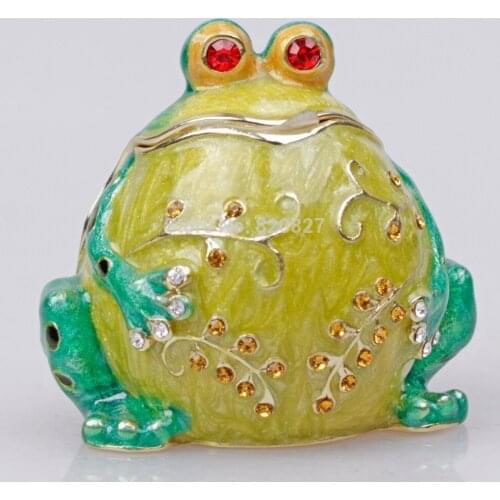 Green Belly Frog Jewelry Box with Czech Crystals Metal Trinket Box