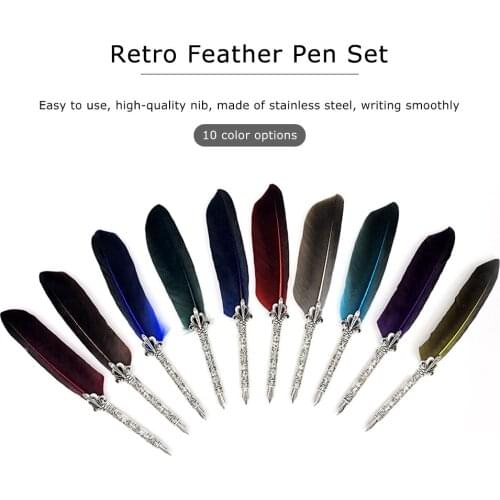 Vintage Calligraphy Feather Dip Pen Gift Box+Nib Writing Ink Quill Fountain Pen for School Office Work Decoration