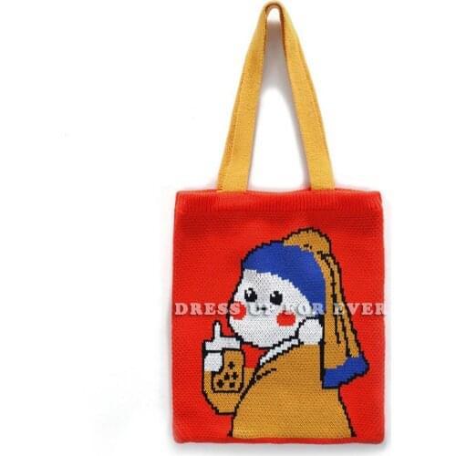 Knitting College Style Tote Shoulder Bag Cute Milk Tea Girl Crochet Woolen Shopping Large Capacity Bag Female Daily Handbag