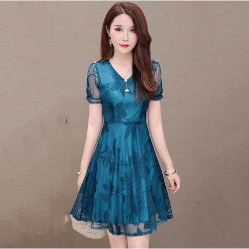 Elegant Women Dress Summer Sexy V-neck Lace short sleeve Dresses 2021 Office Vintage Dresses Ladies Vestidos Plus size 5XL OK037