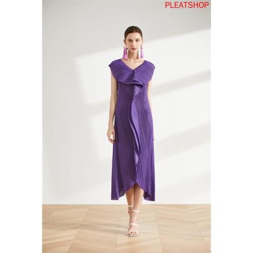 Summer New Womens Chiffon Midi Solid Color Irregular Wooden Ear Loose Dress MIYAKE Pleats Vestido De Mujer Robes Robe Femme