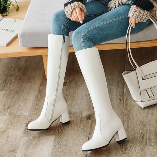 Winter Womens Large Size Mid-Tube Boots Round Toe Fashion Thick Heel Womens Zipper Knee Boots Autumn Black White