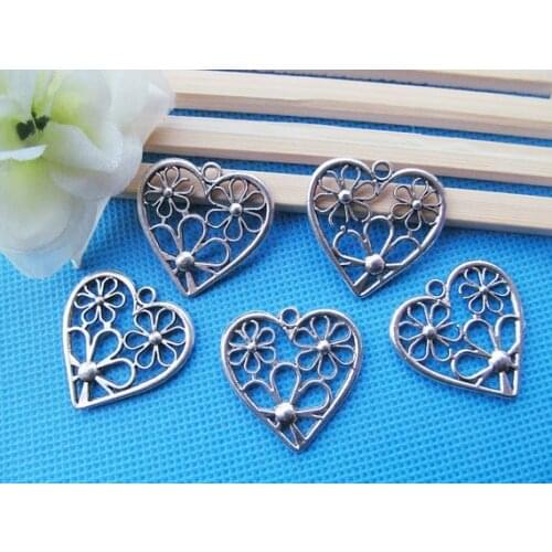 100pcs Antique Silver tone Filigree Hollow Flower Heart Connector Pendant Charm/Finding,DIY Accessory Jewelry Making