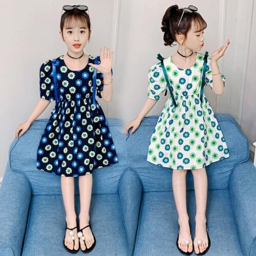 Kids Dresses for Girls Clothes Student Floral Dress Short Sleeve 2021 Summer French Girls Princess Dress Cotton Child Clothing