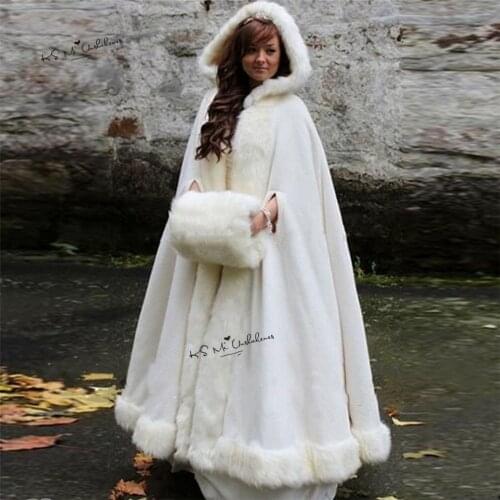 Long Warm Women White Ivory Faux Fur Winter Christmas Bridal Cape Stole Wedding Cloaks Hooded Party Wraps Jacket