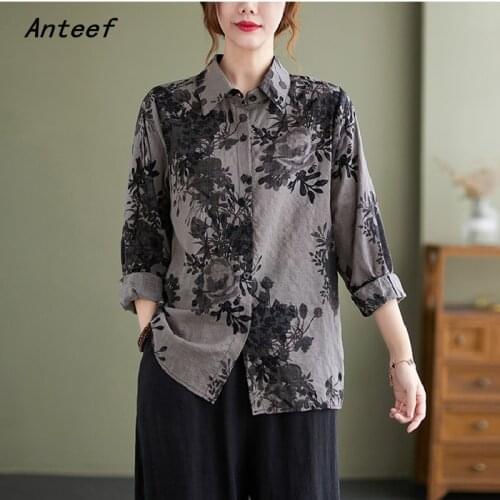 Long sleeve plus size cotton vintage floral blouse Casual loose spring autumn tops women 2021 blouses button up shirt clothing