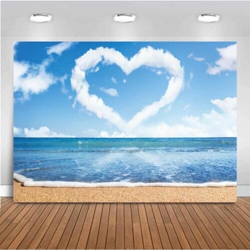 Valentines Day Photography Backdrop Seaside Blue Sky White Cloud Heart Romantic Scenic Wedding Photo Background Photocall