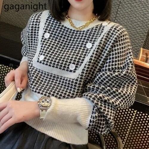 Gaganight Vintage Women Plaid Sweater Autumn Winter Fashion Office Lady Jumpers Slim New Arrivals Korean Pull Femme Loose Cozy