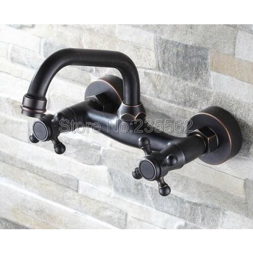 Classic Black Oil Rubbed Brass Swivel Kitchen Sink Faucet Wall Mounted Bathroom Basin Mixer Dual Cross Handle Tap lnf321