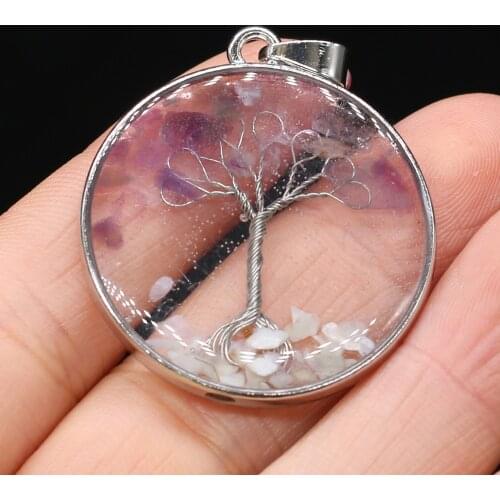 Natural Stone Amethysts Pendants Round Reiki Heal tree of Life for Fashion Jewelry Making DIY Necklace Earrings Gift
