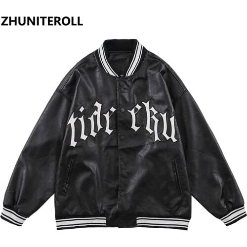 Fashion Harajuku PU Leather Jacket Men 2021 Letter Embroidery Bomber Casual Baseball Coats Streetwear High Street Tops Clothing