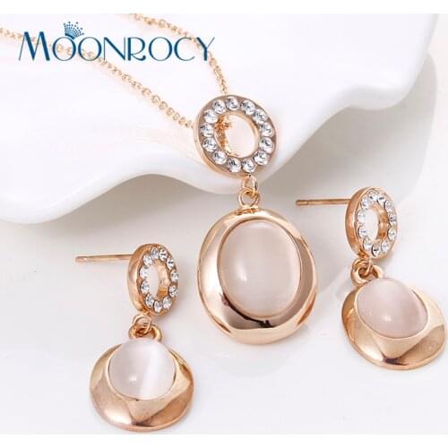 MOONROCY Free Shipping Zirconia jewelry Fashion Crystal Necklace and Earring Opal Jewelry Set Rose Gold Color For Gift