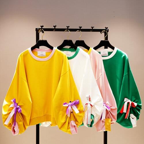 New Spring and Autumn Womens Lace Bow Lantern Sleeve Sweatshirt Student Loose Shirt t-shirts Pure Color Hoodies Female Tops