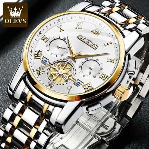 OLEVS Mens Casual Watch Brand Luxury Military Business Retro Mens Clock Stainless Steel Chronograph Watch Mens Hollow Watch