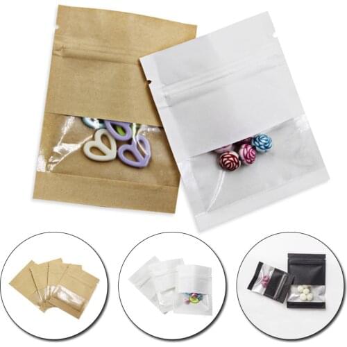 20pcs Kraft Paper Bags Zip Lock With Window Stand Up Resealable Grip Ziplock Pouch Tea Coffee Bean Candy Food Paper Storage Bag