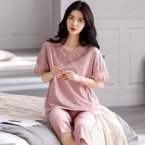 Modal Cotton Pajamas Women Summer Home Clothes New Big Size Short Sleeve Cropped Trousers Set Print Loose Sleepwear Pijama Suit