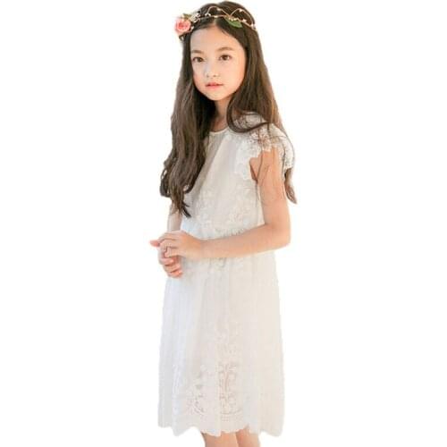 Girls Dresses For 4-14Y New 2018 Summer Childrens Clothing Kids Lace Princess Flying Sleeves Teenager Children White Lace Dress