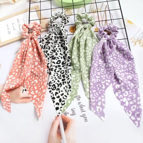 Fashion Leopard Print Bow Long Ribbon Ponytail Scarf Hair Tie Scrunchies Women Girls Elastic Hair Bands Hair Accessories