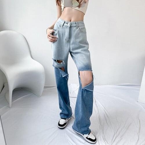 Loose Cool Ripped Jean Femme Summer High Waist Gradient Denim Straight Trousers Casual Plus Size Streetwear Baggy Jeans Mujer