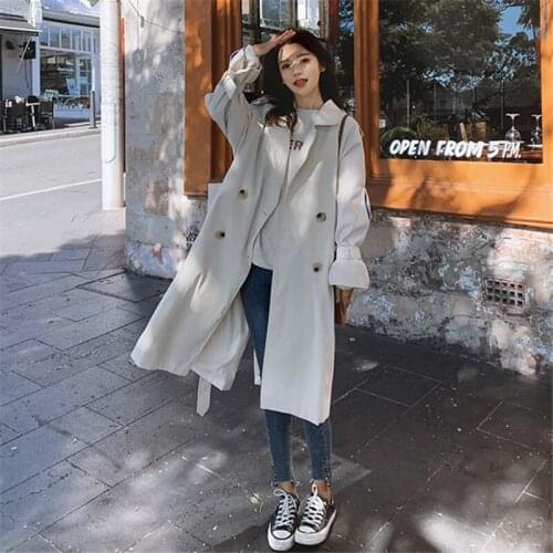 Womens Windbreaker Spring Autumn New British Fashion Pure Color High-quality Double-breasted Lace-up Commuter Feminine Coat 105