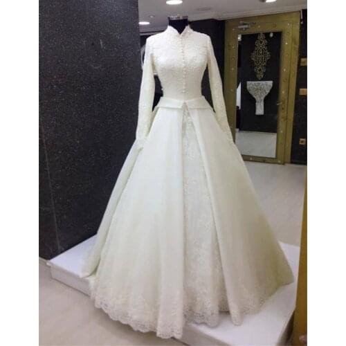 Vintage High Neck Long Sleeve Islamic Wedding Dresses Ruffled Lace Muslim Wedding Gowns