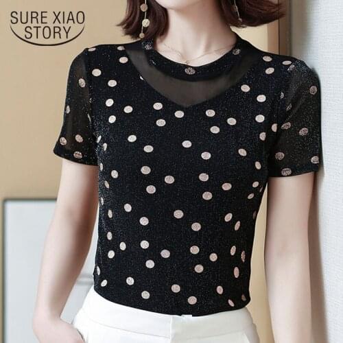 2021 Summer New Slim Stitching Mesh Bottoming lady Tops Plus Size 4XL Short Sleeve V-neck Printing blouse blusas mujer 9157 50