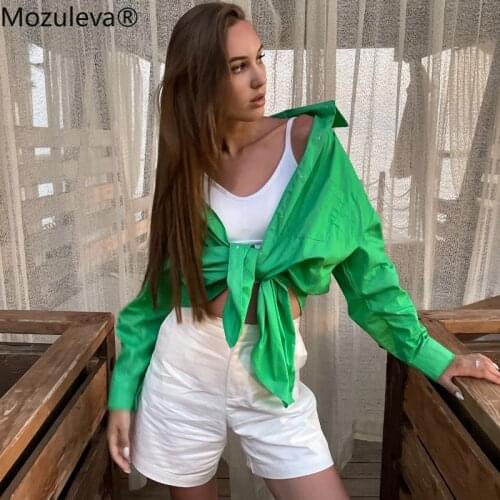 Mozuleva 2021 Summer Korean Chic Spring Temperament Light Green Cotton Shirt Women Loose Casual Blouse Turn-down Collar Blouse