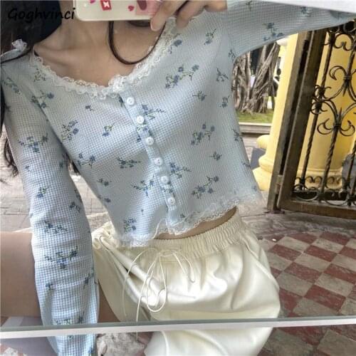 Fresh Floral Lace Shirts Women Slim Gentle Sweet Girls Single Breasted Crop Tops Korean Style Temper Blusas Mujer Simple Leisure