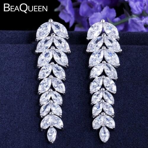 BeaQueen Elegant Long Leaf Dangle Drop Bridal Wedding Earrings Clear White Cubic Zirconia Stone Party Jewelry for Women E229