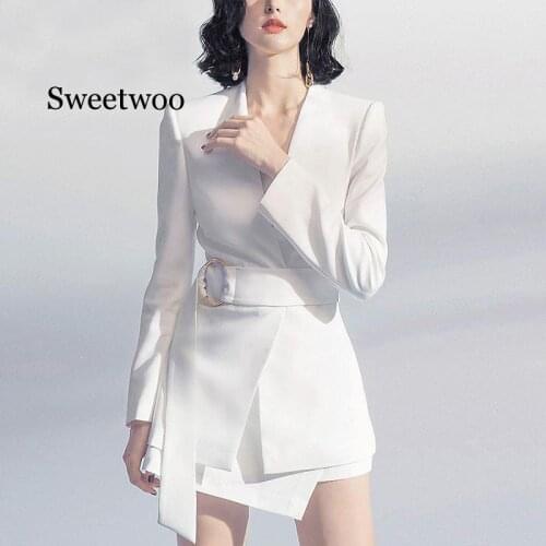 New Women Two Pieces Outfits Elegant V-neck Long Blazers Sashes Irregular Mini Skirt Autumn Office Ladys Party Suits Coat Sets