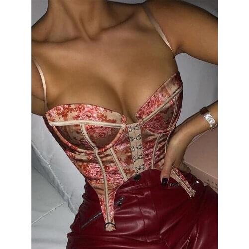 SRUBY Floral Print Cami Bustier Crop Tops Women Spaghetti straps Sleeveless Sexy Outfits Bodycon Club Wear Out Corset Top Summer
